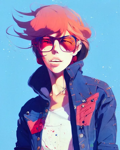 Image similar to a ultradetailed beautiful painting of a stylish woman in a denim jacket and shorts, by conrad roset, greg rutkowski and makoto shinkai trending on artstation