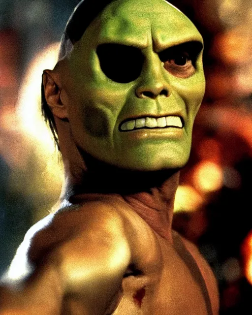 Image similar to film still close - up shot of dwayne johnson as jim carrey from the movie the mask. photographic, photography