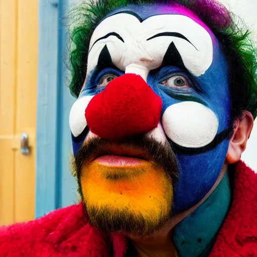 Image similar to a fine art portrait of boris john wearing a clown suit with face paint. in the style of edward hopper, richard hamilton and stanley kubrick.