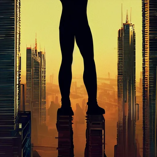 Image similar to a man standing on top of a bridge over a city, cyberpunk art by Vincent Lefevre, behance contest winner, altermodern, cityscape, synthwave, matte painting