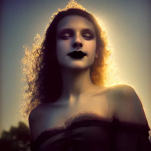 Prompt: photographic portrait of a stunningly beautiful gothic smiling alluring female in soft dreamy light at sunset, god rays, contemporary fashion shoot, by edward robert hughes, annie leibovitz and steve mccurry, david lazar, jimmy nelsson, breathtaking, 8 k resolution, extremely detailed, beautiful, establishing shot, artistic, hyperrealistic, beautiful face, octane render