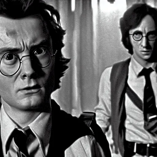 Image similar to Dirty Harry Potter, 1970s crime drama cinematic closeup movie photo, desaturated Arri Alexa 65, cinematic lighting, DSLR, dof, by Bill Gekas and Bruno Walpoth and Antoine Verney-Carron