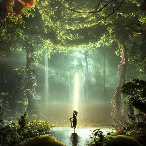 Prompt: Loving romantic drawing of a deep rain forest, light rays from the tree tops, small blue river on the ground, many dancing colorfull squid robots flying around, hypermaximalistic, high details, cinematic, 8k resolution, beautiful detailed, insanely intricate details, artstation trending, octane render, unreal engine