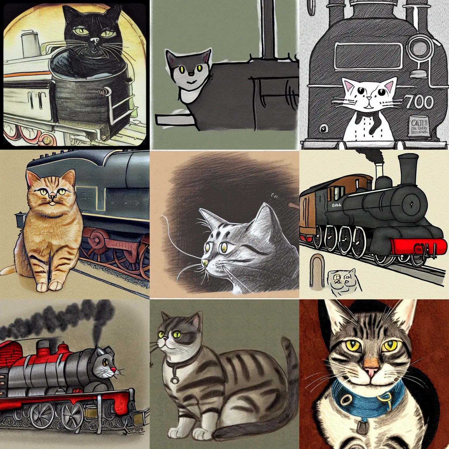 Prompt: doodle of a cat as the driver of a steam locomotive
