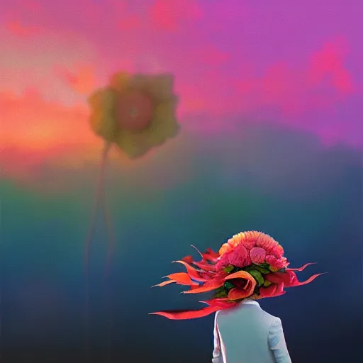 Image similar to closeup, giant rose flower head, frontal, girl in a suit, surreal photography, sunrise, blue sky, dramatic light, impressionist painting, digital painting, artstation, simon stalenhag