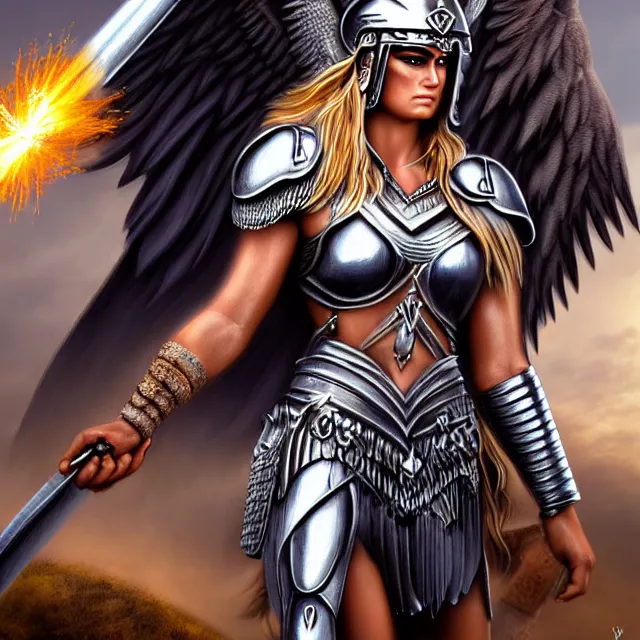 Prompt: beautiful valkyrie warrior with light powers, highly detailed, 4 k, hdr, smooth, sharp focus, high resolution, award - winning photo, anne stokes, photorealistic