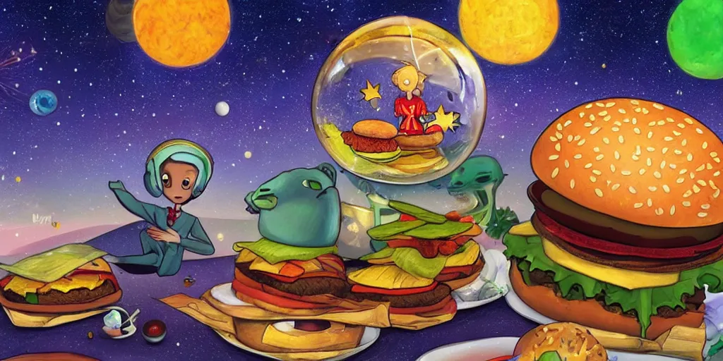 Image similar to a dream of time gone by, where I was eating burgers and not so hungry, realistic, out of this world, alien, sleepy, on a mini world, the little prince from outer space, colorful, gangly, dream, vial of stars, metallic, satisfying render, tiny people devouring food