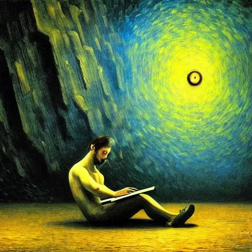 Image similar to A man programs A.I. on a laptop in a climbing gym - award-winning digital artwork by Salvador Dali, Beksiński, Van Gogh and Monet. Stunning lighting