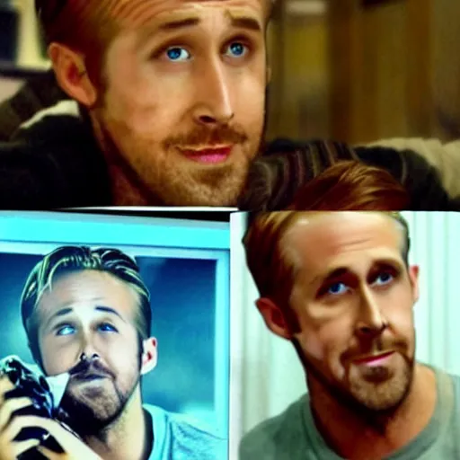 Image similar to Photo of Ryan Gosling feeding an image of Ryan Gosling on a TV some cereal! Its the Ryan Gosling meme haha!