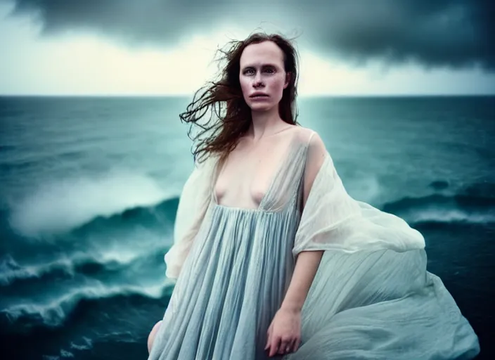 Prompt: cinestill 5 0 d half - length portrait photo portrait of a woman britt marling 3 / 4 style of nicholas fols, 1 5 0 mm, dress in voile, hair like dark clouds, hair in wind, head in focus, mute dramatic colours, soft blur outdoor stormy sea background, volumetric lighting, hyper detailed, hyper realistic