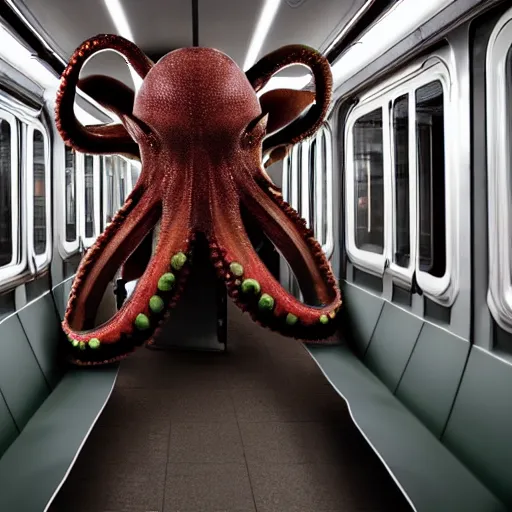 Image similar to a photo of a giant octopus invading a interior of a subway train in new york, cinematic lighting