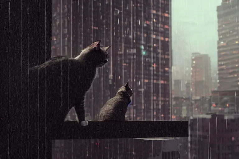 Image similar to A cat sitting on a window watching the view of a cyberpunk city, 24mm, 8k, octane render, beautiful, peaceful, cyberpunk, moody, raining, rain, super detailed, dof, volumetric lighting, rtx, raytracing