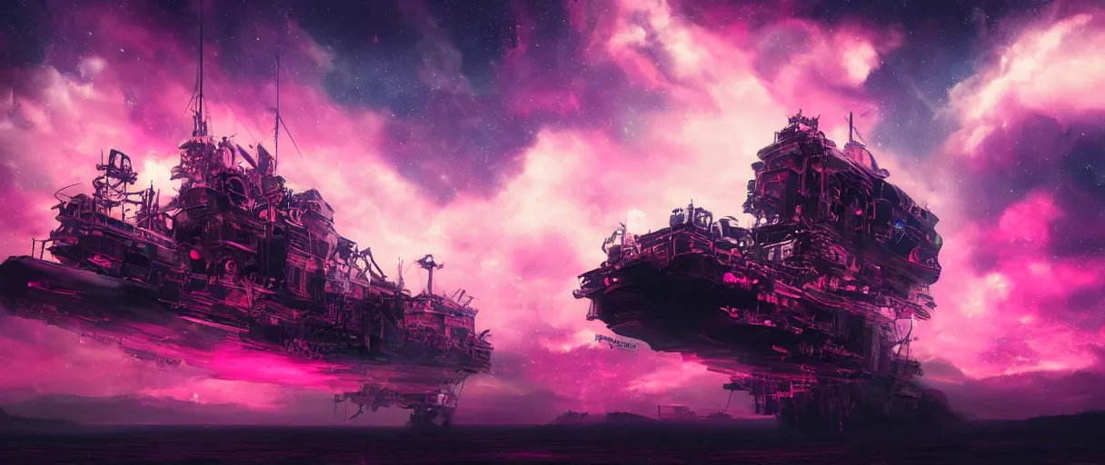 Image similar to space, hyperdetailed illustration, portrait big dark dog, mohawk, stars, pink, neon, oil painting, rich deep colors masterpiece, pirate neon ship, ultra detailed, contrast, heaven pink, clouds, volumetric light, atmospheric lighting, dramatic, cinematic, moody, octane render 4 k, 8 k