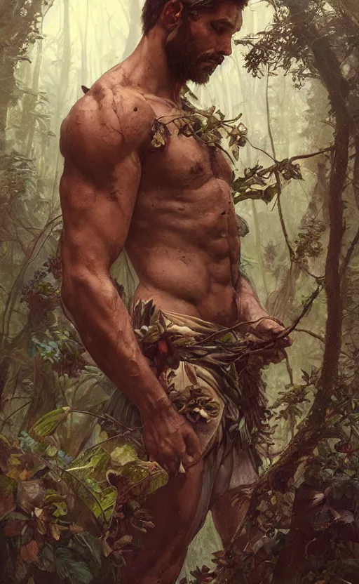 Image similar to god of the forest, 3 0 years old, rugged, handsome, male, detailed face, clean lines, atmospheric lighting, amazing, full body, thighs, flowers, muscular, intricate, highly detailed, digital painting, deviantart, concept art, sharp focus, illustration, art by greg rutkowski and alphonse mucha