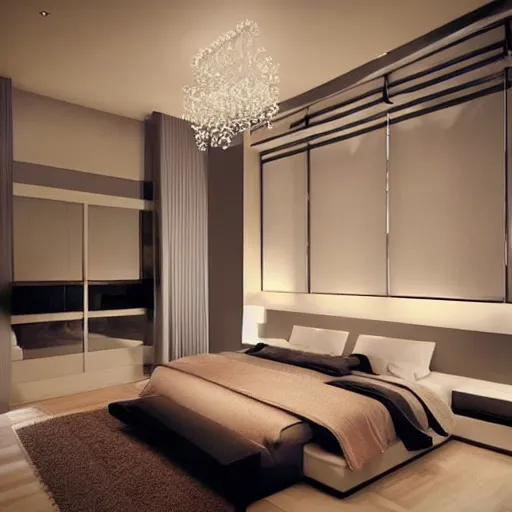 Image similar to contemporary bedroom design, modernism, photorealistic!!!!!!! art style, luminous lighting, intricately defined, beautifully ordinated