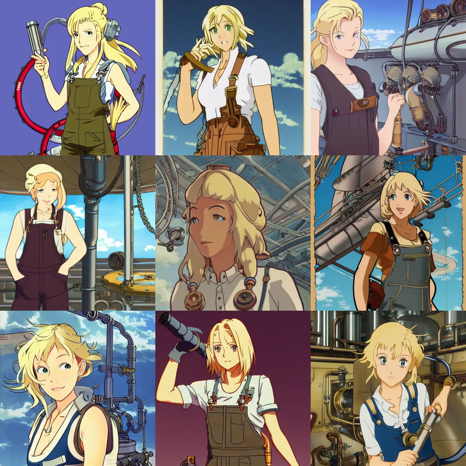 Prompt: Blonde female airship mechanic wearing a tank top and overalls fixing pipes below deck, steampunk, defined facial features, highly detailed, animation cel, official Kyoto Animation and Studio Ghibli anime screenshot, by Makoto Shinkai and Alphonse Mucha