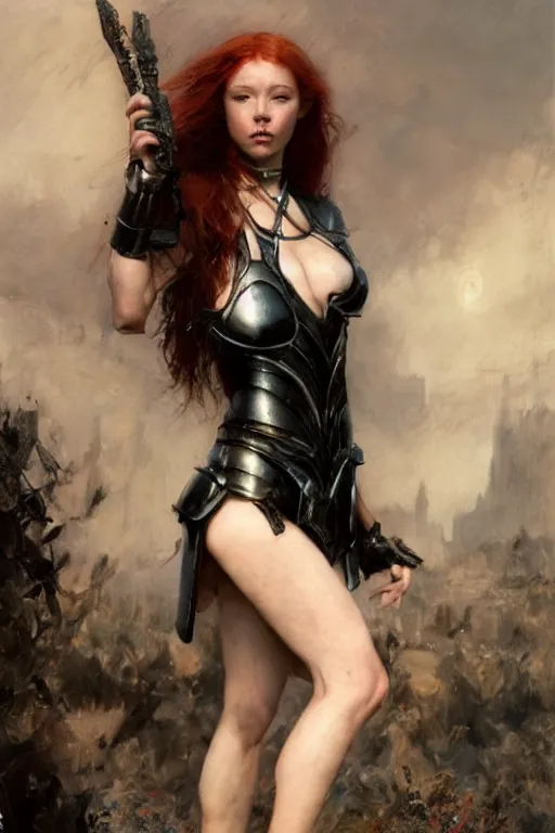 Image similar to muscular redhead young woman wearing black medieval armour, bare legs, detailed, by gaston bussiere, bayard wu, greg rutkowski, giger, maxim verehin, greg rutkowski, masterpiece, sharp focus, cinematic lightning