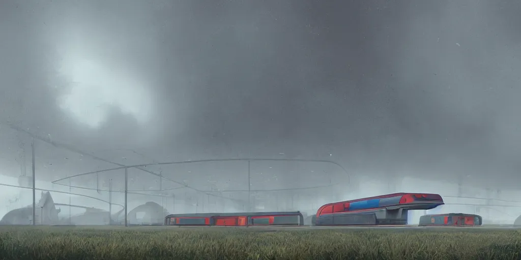 Prompt: landscape with futuristic train station in an empty field. by stalenhag. mist, fog, cyber punk, realistic, 8 k