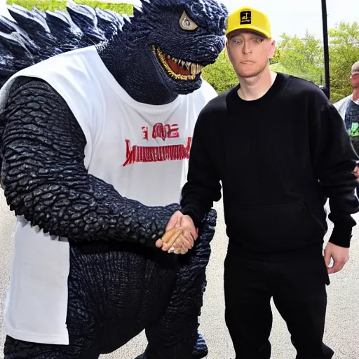 Image similar to Eminem shaking hands with Godzilla in Detroit, photograph