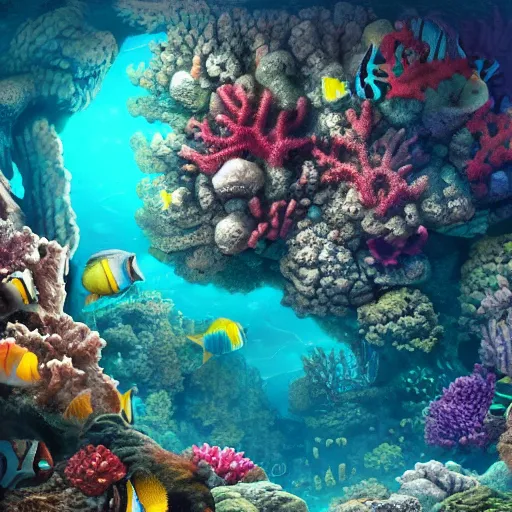 Image similar to Deep beneath the sea, coral reefs. beautiful Underwater scene, digital art, 8k, fine details, trending on artstation