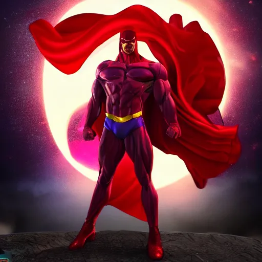 Prompt: muscular man in red superhero costume with flowing purple cape hovers in the air in the foreground facing away from the camera, in the background a massive metal silver moon has a massive explosion destroying it, cinematic, graphic novel, matte fantasy painting, 4k, DeviantArt Artstation