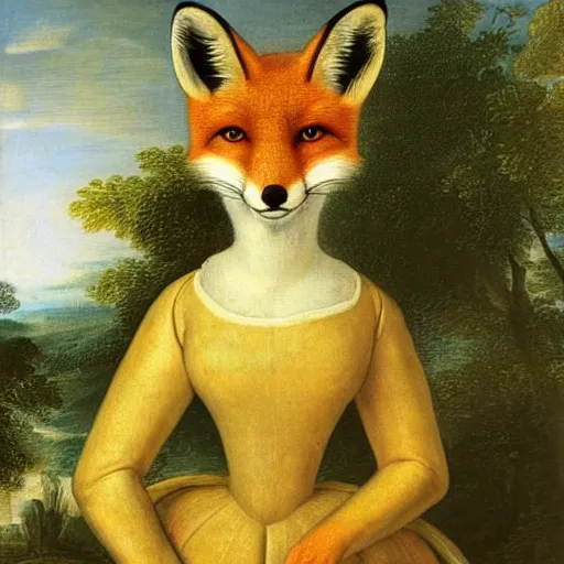 Image similar to A beautiful animal portrait of a fox in a pale yellow dress by Robert Cleminson and Jan Brueghel the Elder