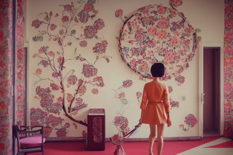 Image similar to giant flower head, girl walking in 1 9 6 0 s hotel, surreal, symmetry, mid century, fanciful, hue, detailed, wes anderson