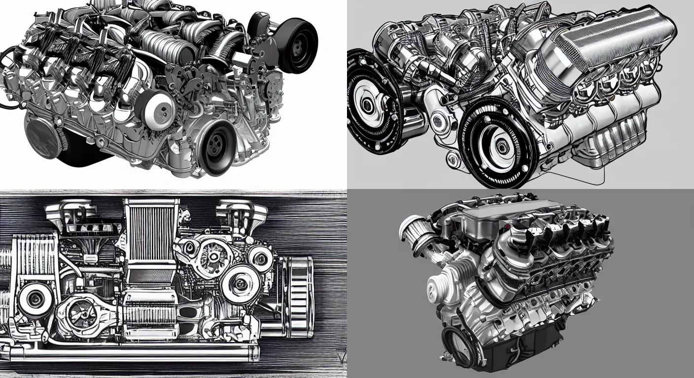 Prompt: a v 8 engine, technical drawing