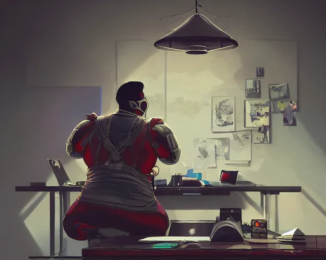 Image similar to an insanely detailed painting of a slightly chubby, nerdy asian man wearing a superhero costume and mask, sitting at a desk, staring at the nervously at the computer and typing, in the style of peter mohrbacher, dramatic lighting and composition, octane render, trending on artstation, concept art, comic book, view from back
