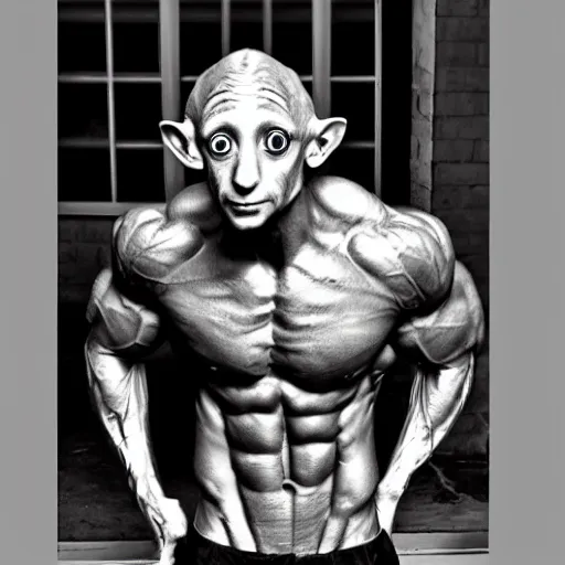 Image similar to Dobby is a jacked muscle builder gigachad, grayscale photography