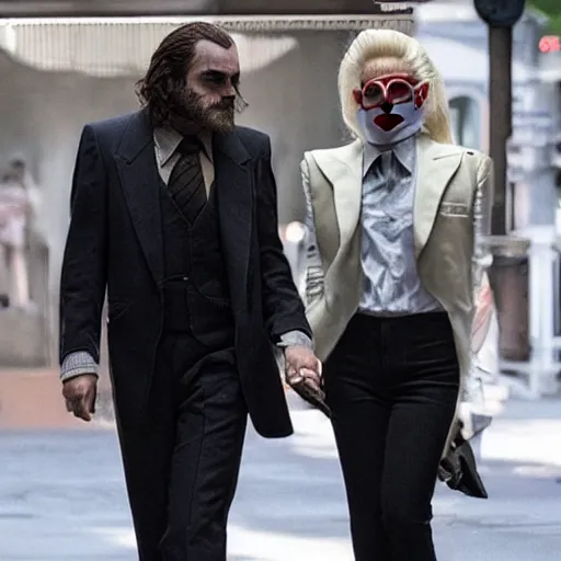 Image similar to ultra realistic stealth candid photograph from joaquin phoenix with lady gaga in new joker movie footage's, intricate details, face details, proportional body details, full medium shot.