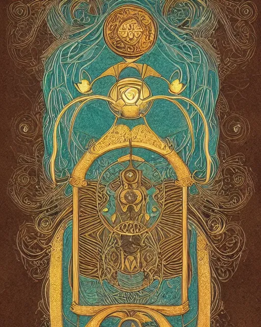 Prompt: Tarot card, seven of singularities, teal paper, smoke swirls, light Brown color, dark Brown color, ornate, elaborate, intricate gold metallic details, eloquent, full art, asian style inspiration