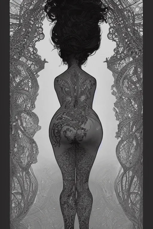 Image similar to a girl seen from behind, she has a tattoo by Joe Fenton that covers her body, fog, volumetric lighting, intricate, elegant, highly detailed, digital painting, artstation, concept art, smooth, sharp focus, art nouveau, art by artgerm and greg rutkowski and alphonse mucha