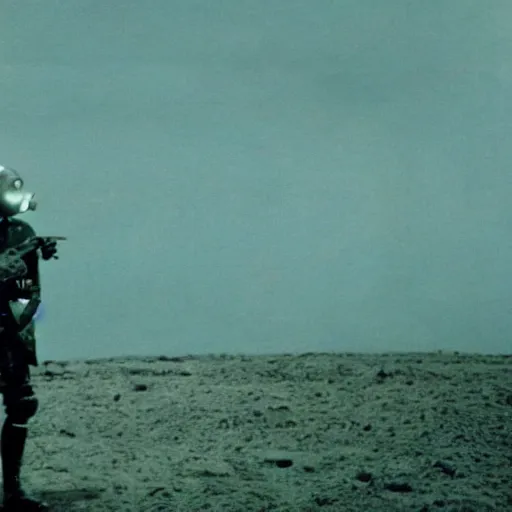 Image similar to a heavily armored man wearing a gasmask, in a surrealist landscape, film still, arriflex 3 5