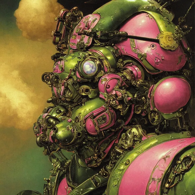 Prompt: a baroque neoclassicist renaissance close - up portrait of a green and pink iridescent whimsical 1 8 0 0 s japanese mecha gundam doll face with big glowing eyes. reflective detailed textures. puffy clouds, dark black background. highly detailed fantasy science fic tion painting by moebius, norman rockwell, frank frazetta, and syd mead. rich colors, high contrast. artstation