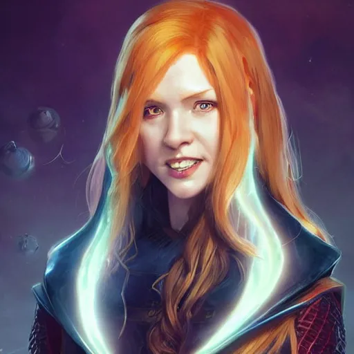 Prompt: barbara gordon in destiny warlock robes, beautiful face!!!!, 2 7 years old, long strawberry red blonde hair, cg animation, realistic, character select portrait, by artgerm, greg rutkowski, alphonse mucha, 3 d