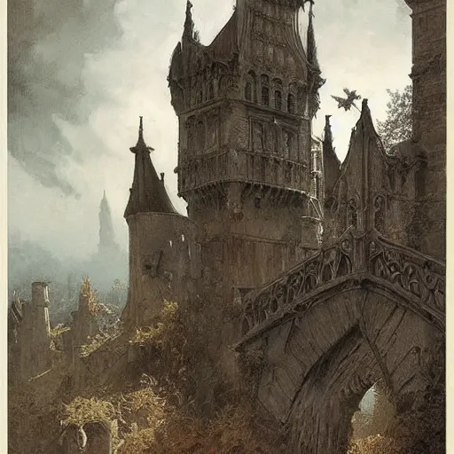 Image similar to Jean-Baptiste Monge and Alex Ross a artwork of a gothic revival castle gatehouse