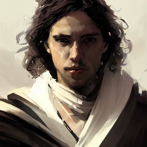 Image similar to portrait of a man by greg rutkowski, british features, messy black long hair, black robes, star wars expanded universe, he is about 2 0 years old, wearing jedi robes, highly detailed portrait, digital painting, artstation, concept art, smooth, sharp foccus ilustration, artstation hq