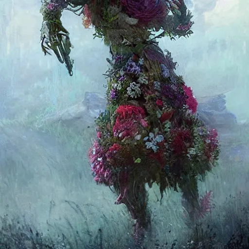 Prompt: a beautiful terrifying monster made of flowers. ethereal horror fantasy art by greg rutkowski and raymond swanland and monet