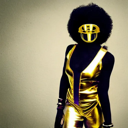 Prompt: afrofuturist woman in a crowded street wearing gold jewelry and a mask that covers the whole face, simple, cyberpunk, far shot, full body shot, costume, 1970s X-Men art style