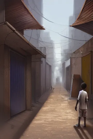 Prompt: alley in a big african city, a lonely kid, summer, david febland, artstation, matte painting