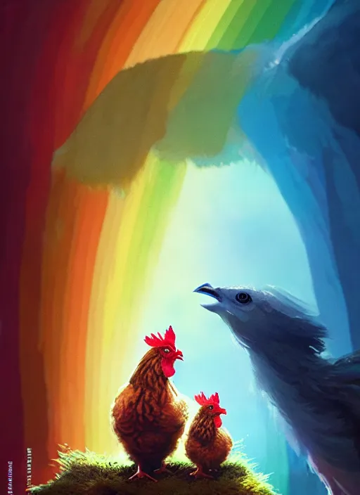 Prompt: a hen and her two chicks on a rainbow movie by nuri iyem, james gurney, james jean, greg rutkowski, anato finnstark. pixar. hyper detailed, 5 0 mm, award winning photography, perfect faces