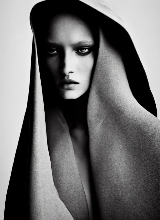 Prompt: a film still of a gorgeous girl in cloak designed byyohji yamamoto and rick owens, in vogue and gq editorial fashion photography, medium close - up, cannon ef 6 5 mm f / 2. 8 in dune