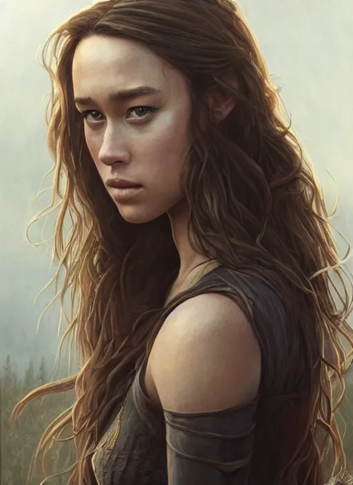 Image similar to alycia debnam - carey, beautiful highly detailed face, complementary lighting, backlit, black eyeshadow, grinning, adventure, dramatic lighting, landscape background, beautiful painting by artgerm and greg rutkowski and raymond swanland