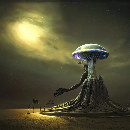 Prompt: alien spaceship landing on earth, night scene, 3 d model, unreal engine realistic render, 8 k, micro detail, intricate, elegant, highly detailed, centered, digital painting, artstation, smooth, sharp focus, illustration, artgerm, tomasz alen kopera, wlop