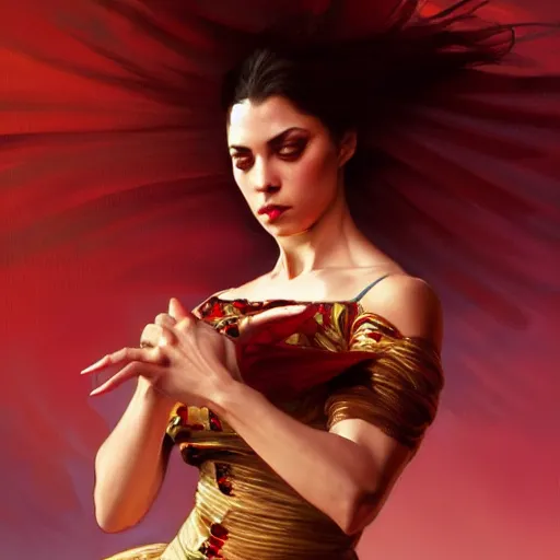 Image similar to fierce spanish female flamenco dancer, spotlight, highly detailed, digital painting, artstation, portrait, concept art, smooth, sharp focus, illustration, cinematic lighting, art by artgerm and greg rutkowski and alphonse mucha