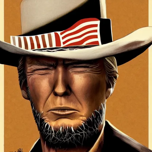 Image similar to donald trump as clint eastwood squinting at high noon in the style of a clint eastwood movie, the good, the bad and the ugly, clint eastwood, steven seagal, bud spencer, donald trump, glory days, american flag, patriotism, apple pie, black and white, artgerm, trending on artstation