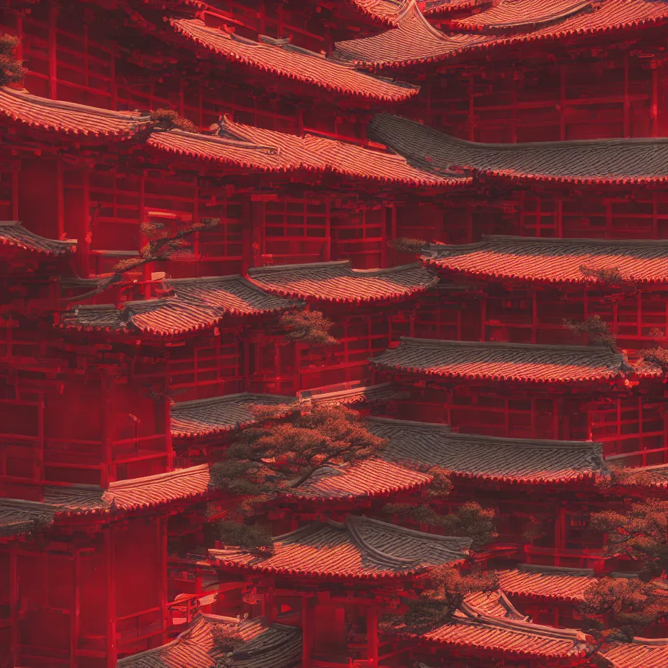 Image similar to A red ancient Japanese architectural building under the sea, 8k, very high detailed, cinematic, octane render, intricate