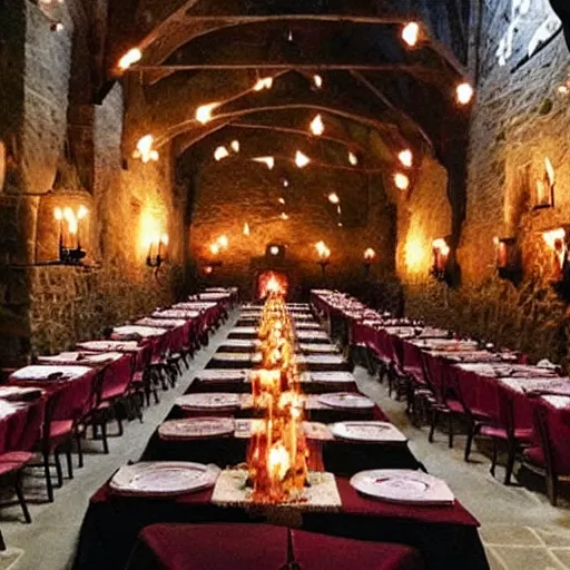 Image similar to feast for hundreds of people. candles, warm ambient light, hogwarts, beautiful, stone walls, hot food, delicious, steaming food on plates, gluttony