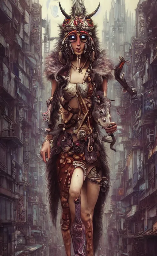 Image similar to hyper realistic Princess Mononoke, ornate mask magic, wet market street, cyberpunk metropolis, city landscape, jewels, full body pose, full moon, wolf by her side, style of tom bagshaw, mucha, james gurney, norman rockwell, denoised, sharp